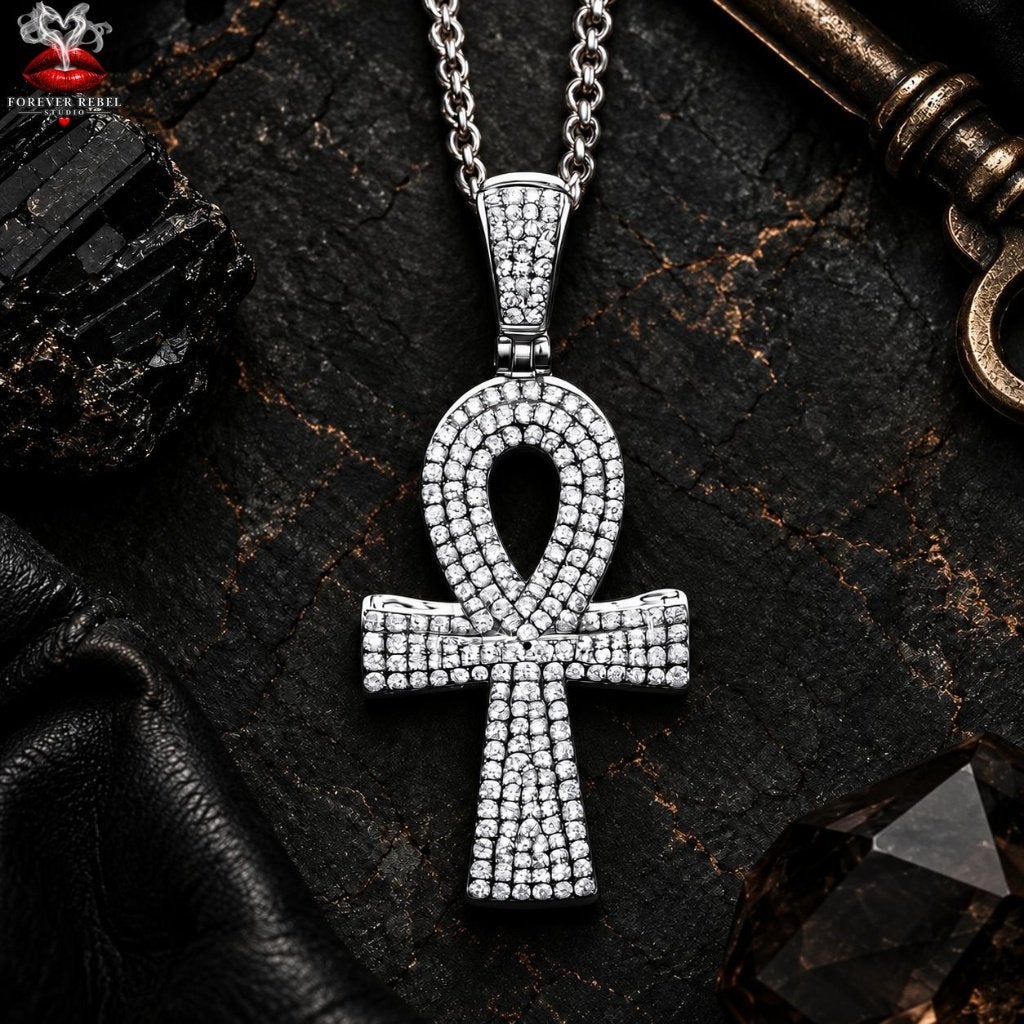 Pharaoh’s Breath - Ankh - 210 Moissanite Stenen - 925 Zilver, Bijoux, Sacs & Beauté, Neuf, Croix ou Symbole, Avec pierre précieuse
