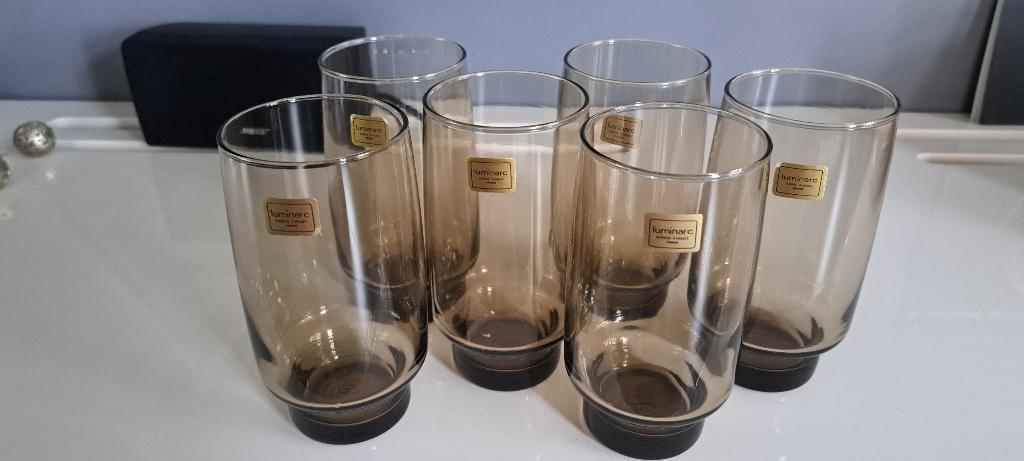 Vintage Luminarc 'BP' hoge waterglazen fumé, Ophalen, Nieuw, Waterglas