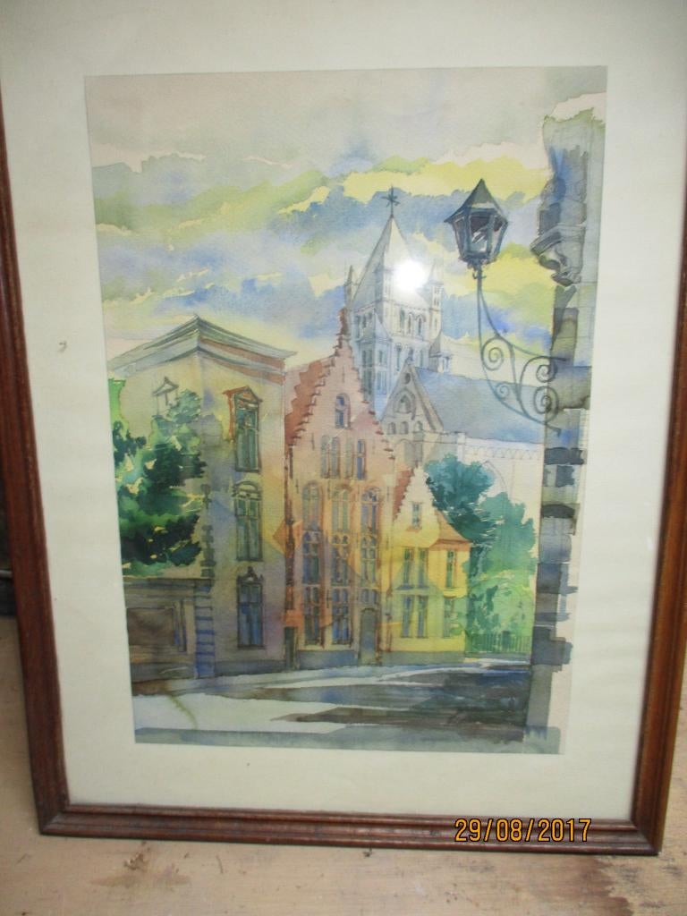 ingekleurde tekening in kader, trapgevel, Huis en Inrichting, Ophalen of Verzenden, Zo goed als nieuw, 50 tot 75 cm, Tekening