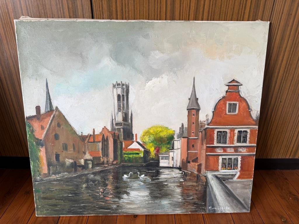 Schilderij - Brugge - Rozenhoedkaai (70 x 60 cm), Antiek en Kunst, Ophalen