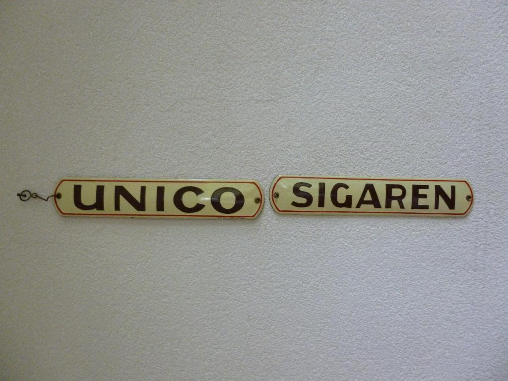 SETJE EMAILLE RECLAME DEURPOSTJES"UNICO SIGAREN"UIT 1935, Verzamelen, Merken en Reclamevoorwerpen, Zo goed als nieuw, Reclamebord