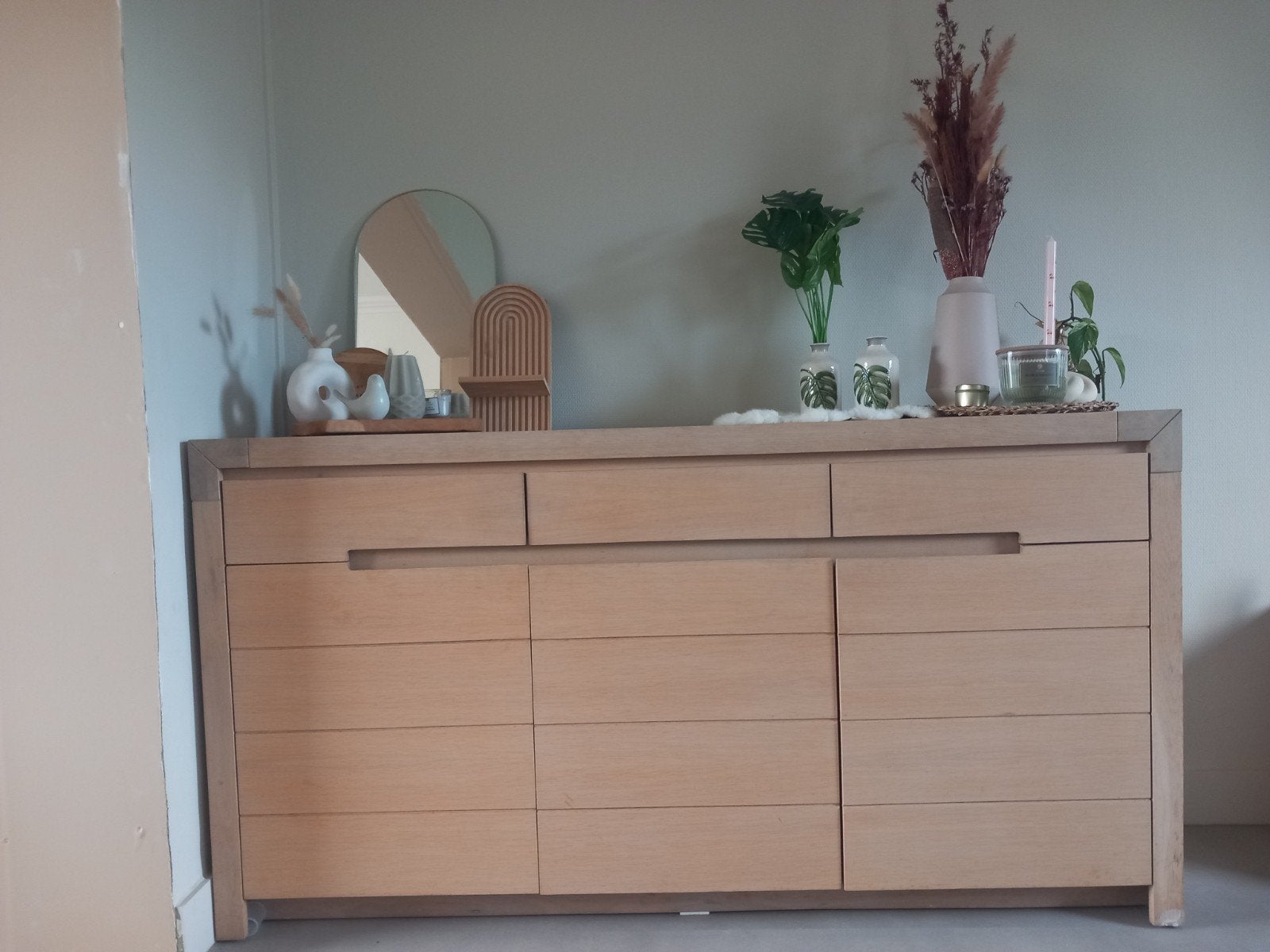 Massief houten kastenset: dressoir + vitrine, Ophalen, Gebruikt