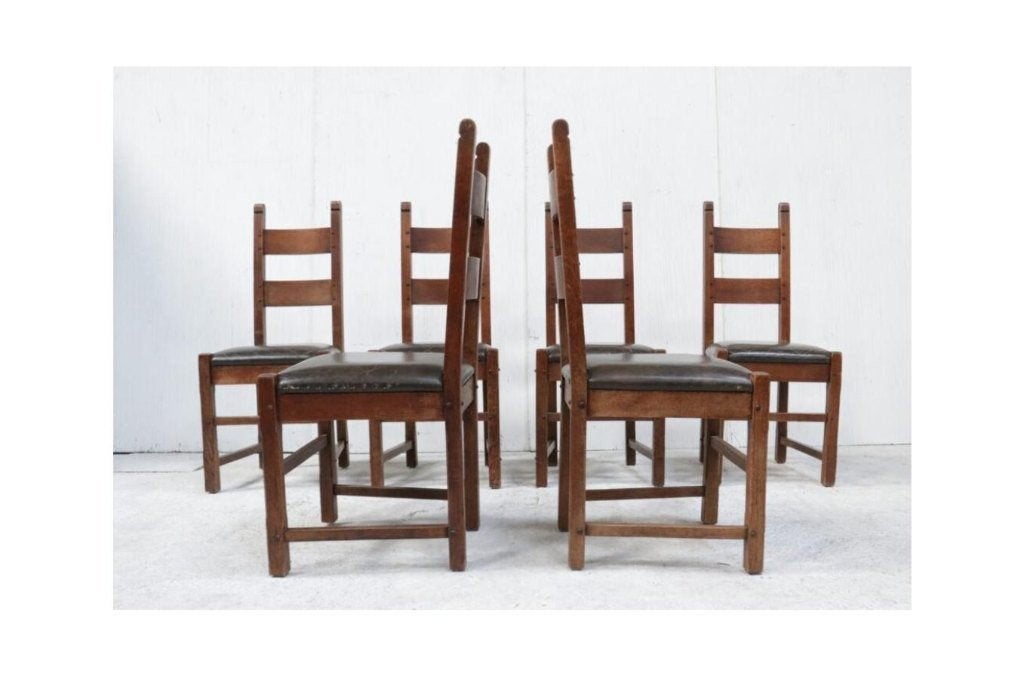 Set of 6 Brutalist Oak Raw Spanish Dining Chairs, Antiek en Kunst, Ophalen