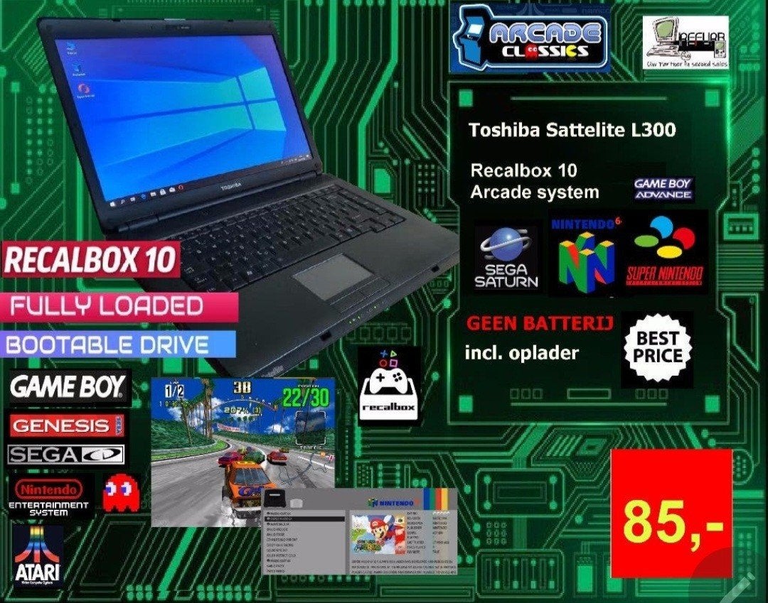 Toshiba sattelite laptop + recalbox10 arcade system, Informatique & Logiciels, Ordinateurs Vintage, Enlèvement