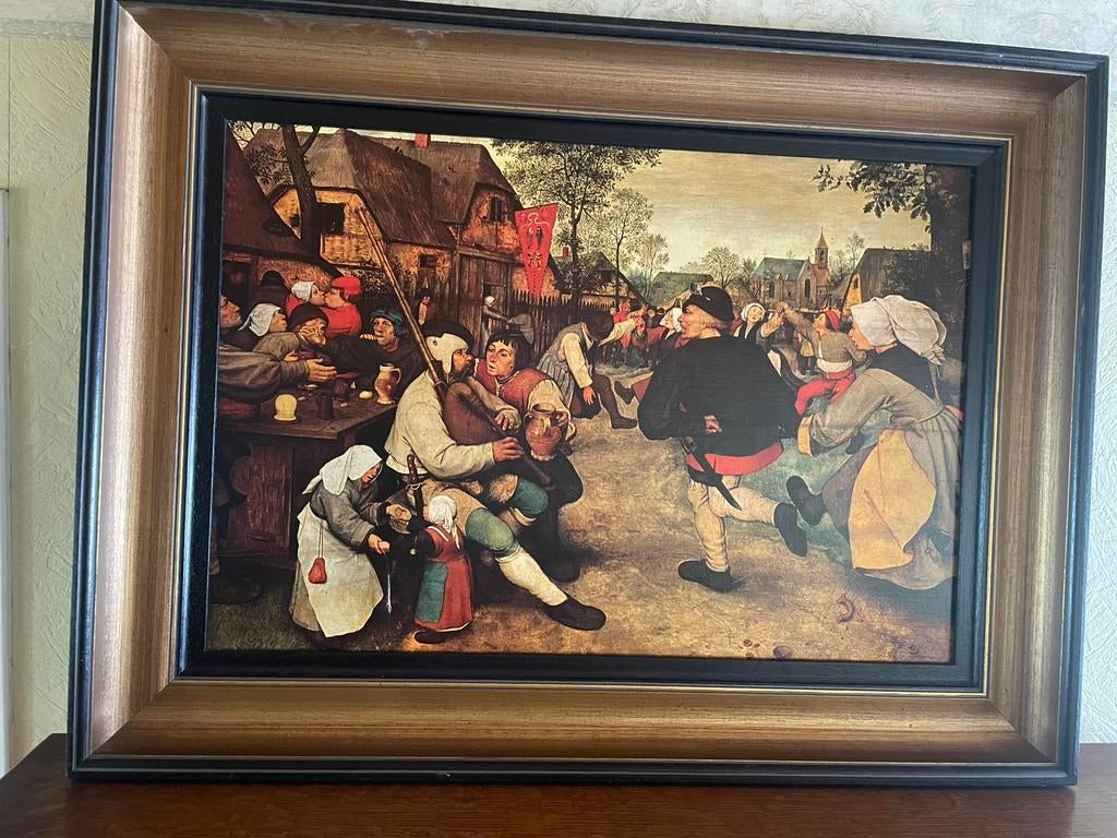 Schilderij Reproductie Breugel dorpsscène, Antiek en Kunst, Ophalen