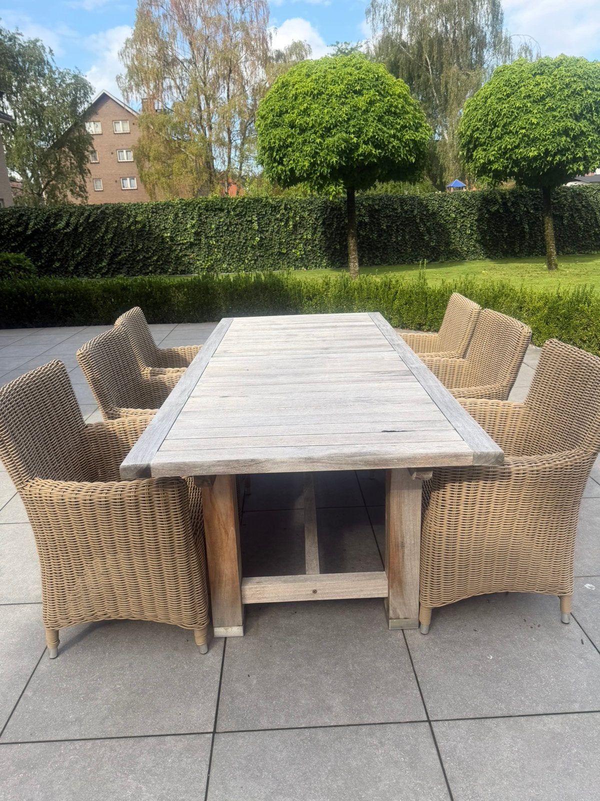 Tuintafel met 6 stoelen, Tuin en Terras, Tuinsets en Loungesets, Ophalen, Gebruikt, Hout, 6 zitplaatsen