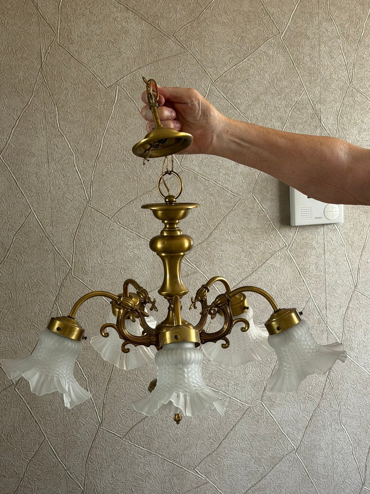 Te koop koperen kroonluchter 5 lampen, Enlèvement, Comme neuf, Métal, Klassiek