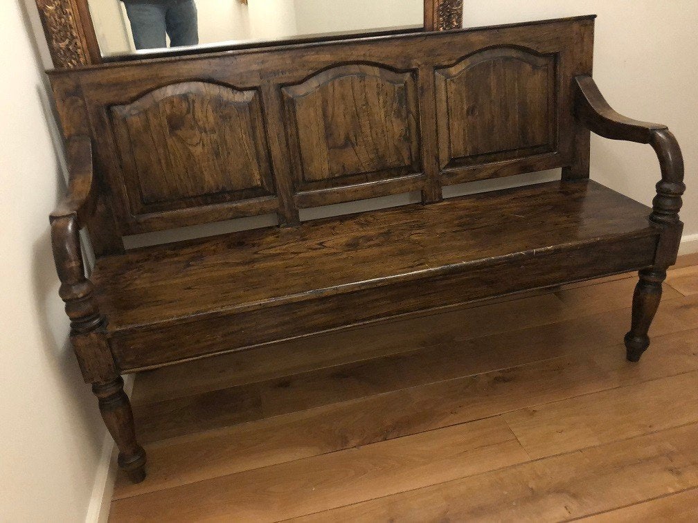 ZEER MOOIE HOUTEN BANK – massief teakhout – HALBANK flamant, Huis en Inrichting, Ophalen, 125 cm of meer, Nieuw, Rechthoekig
