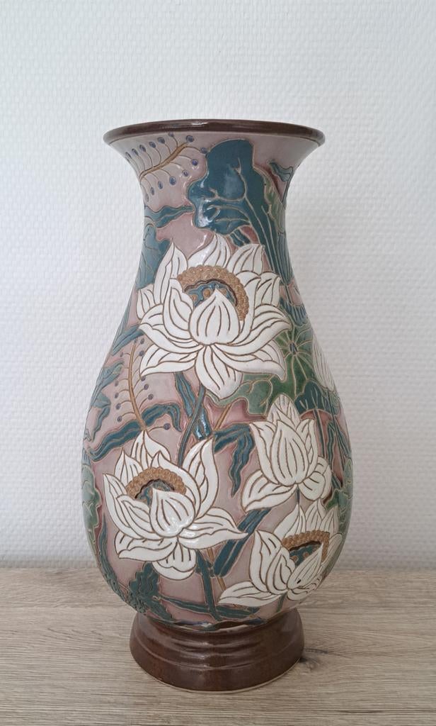 Vase vintage grès émaillé Vietnam École Bien Hoa Lotus, Enlèvement ou Envoi