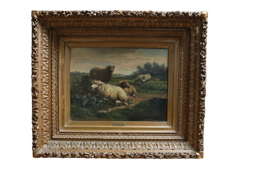 Frans Lebret - Avondlandschap met rustende schapen 1875, Peinture à l'huile, Enlèvement, Animaux, Toile