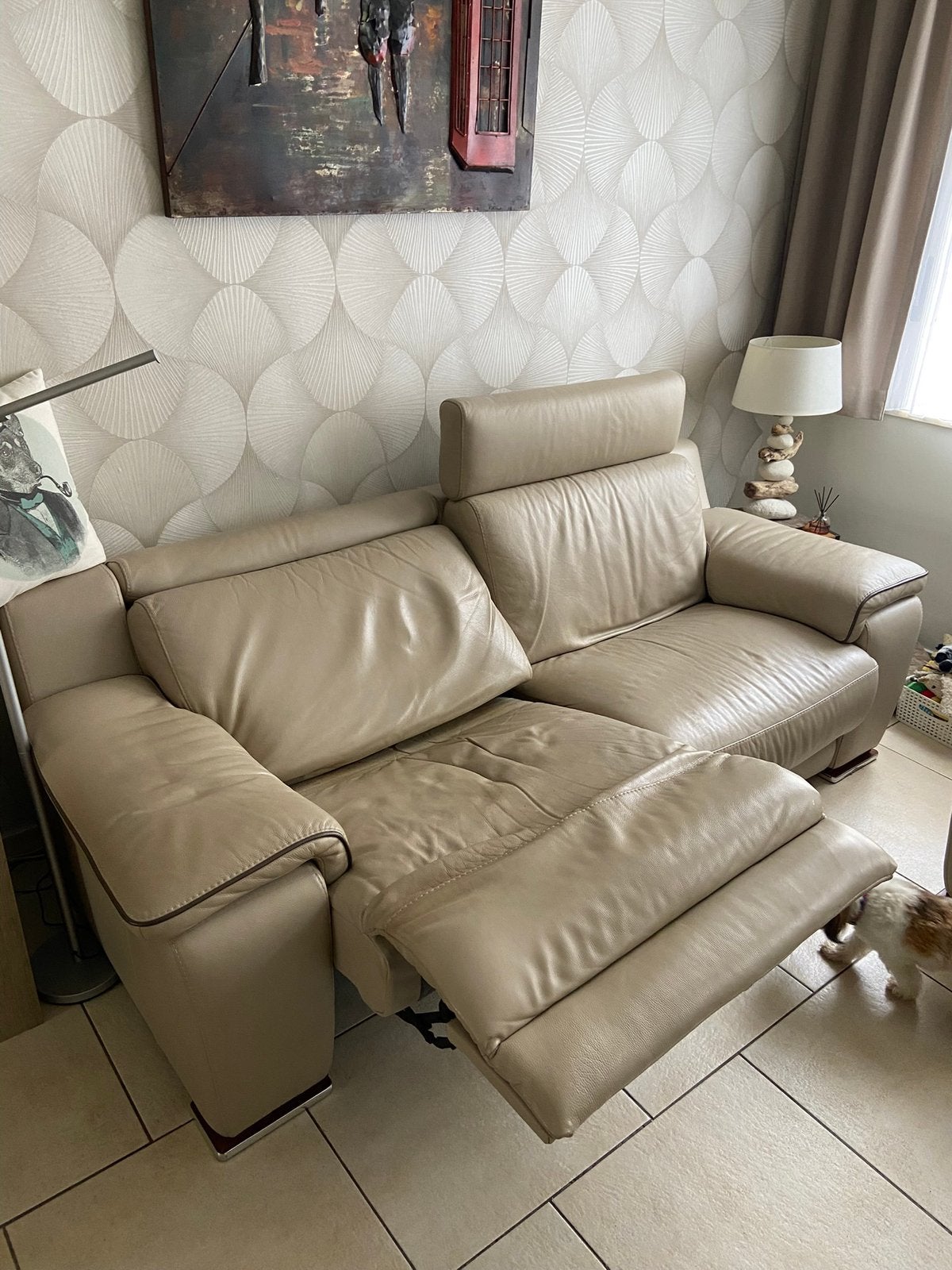 Canapé cuir  italien 3pl avec un relax électrique, 200 à 250 cm, Banc droit, Enlèvement, Utilisé