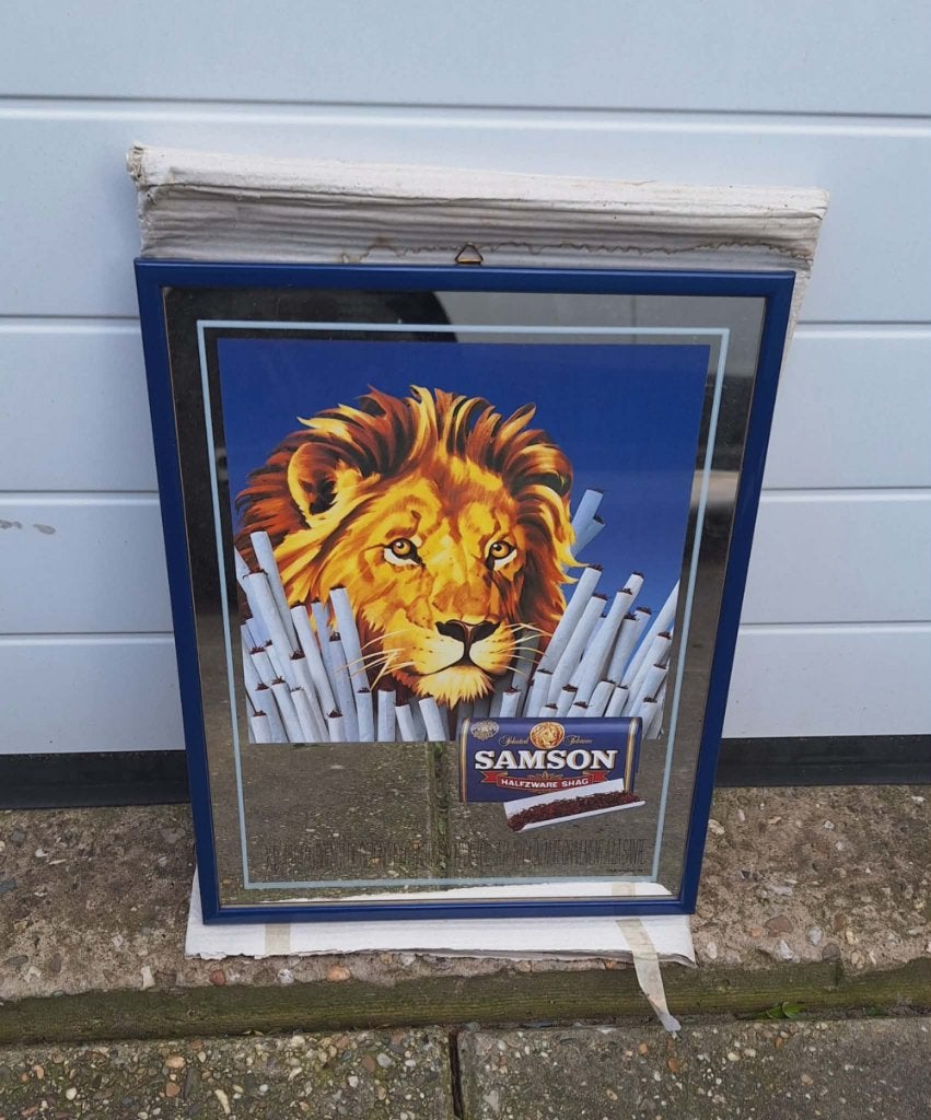 Vintage reclame spiegel van Samson halfzware shag., Verzamelen, Merken en Reclamevoorwerpen, Zo goed als nieuw, Gebruiksvoorwerp