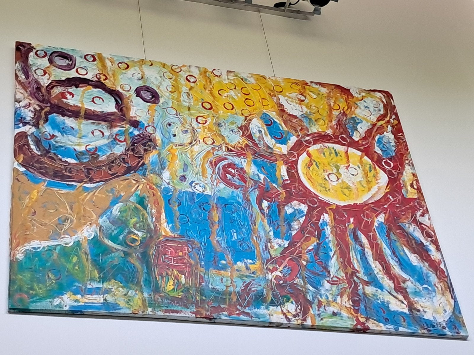 Kleurrijk schilderij +/-  1m50  op 2m, Antiek en Kunst, Ophalen