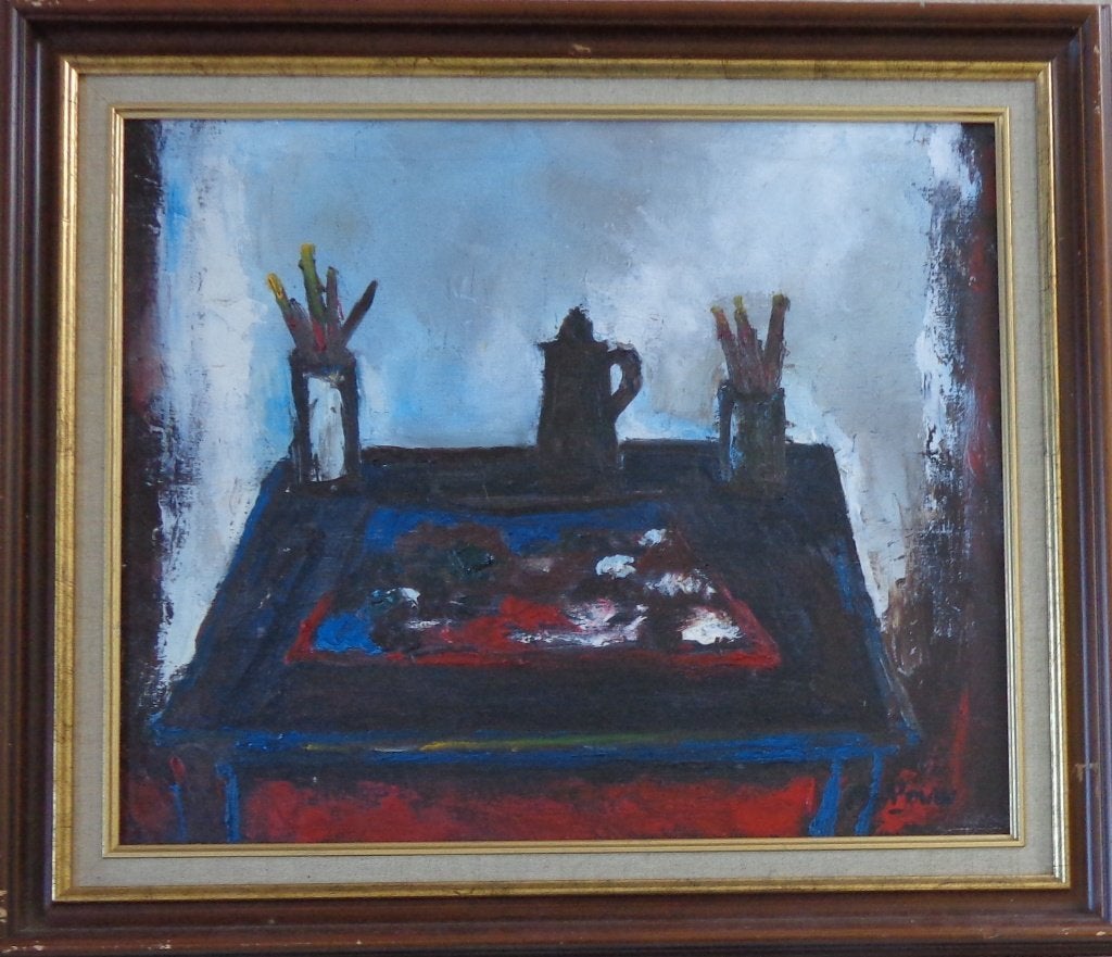 GABY DE PAUW / ATELIERZICHT / OLIEVERF DOEK / 65x75cm KADER, Enlèvement, Signé, Peinture à l'huile