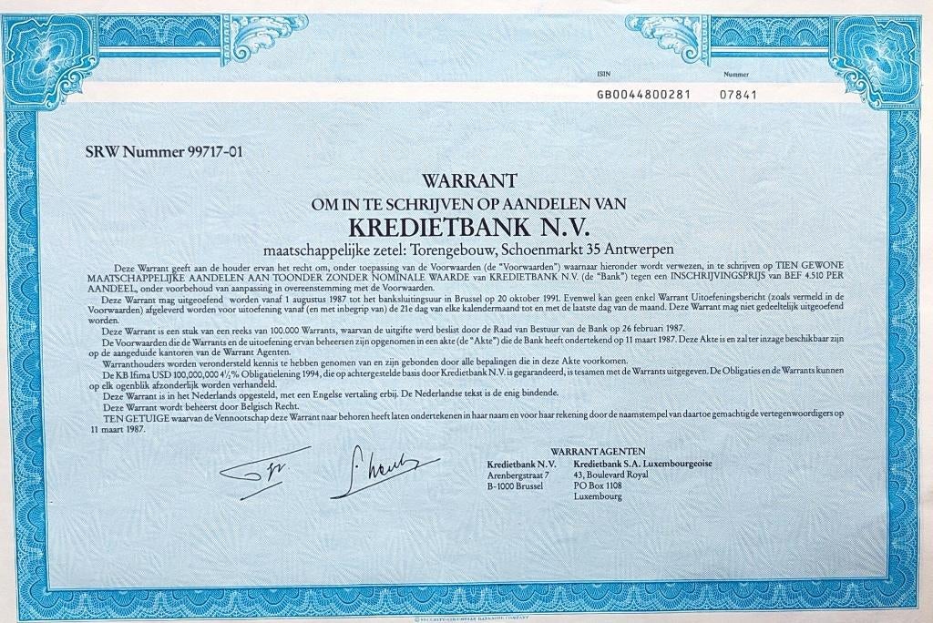 Warrant Kredietbank (nu KBC) "Boerentoren" 1987, Enlèvement ou Envoi, 1970 à nos jours, Autres types