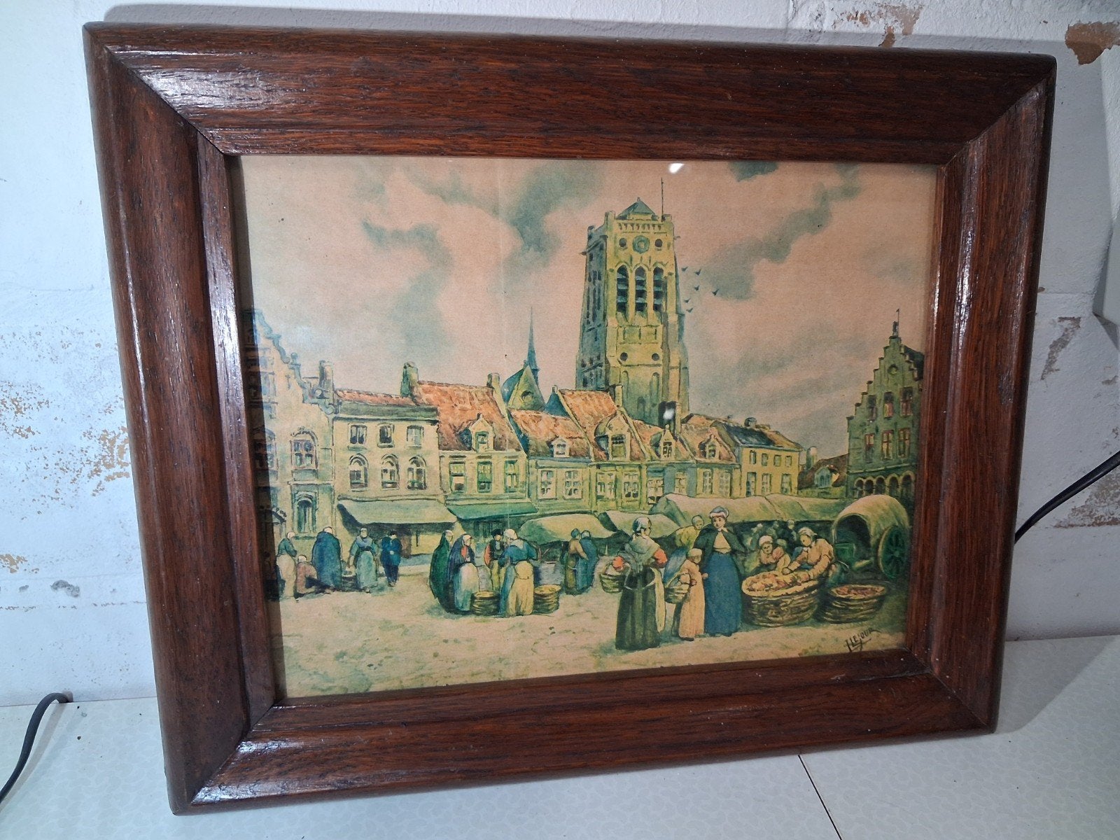 oude prent van markt Veurne in houten lijst/glas, Antiquités & Art, Enlèvement ou Envoi