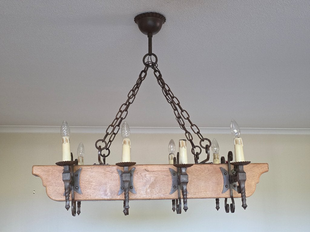 Lustre rustique en chêne massif avec fer forgé, Enlèvement, Utilisé, Bois, Rustiek