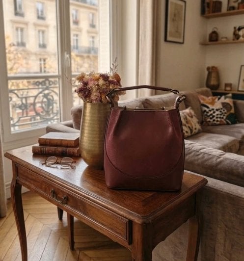 Sac seau bi-matière bordeaux en daim et cuir neuf, Envoi, Neuf, Rouge, Sac à main