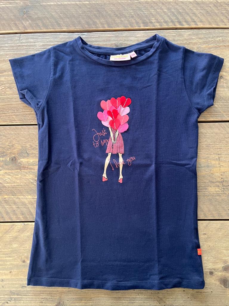 SOMEONE, blauwe t-shirt met hartjes (ballonnenmeisje) 128, Kinderen en Baby's, Kinderkleding | Maat 128, Ophalen of Verzenden