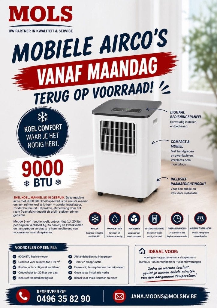 Mobiele airco - NIEUWE LEVERING, Elektronische apparatuur, Airco's, Ophalen, Minder dan 60 m³, Nieuw, Koelen en Ontvochtigen