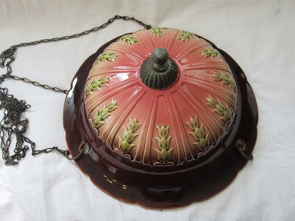 Ancien pot de fleurs suspendu en majolique Art Nouveau ..., Antiquités & Art, Enlèvement ou Envoi