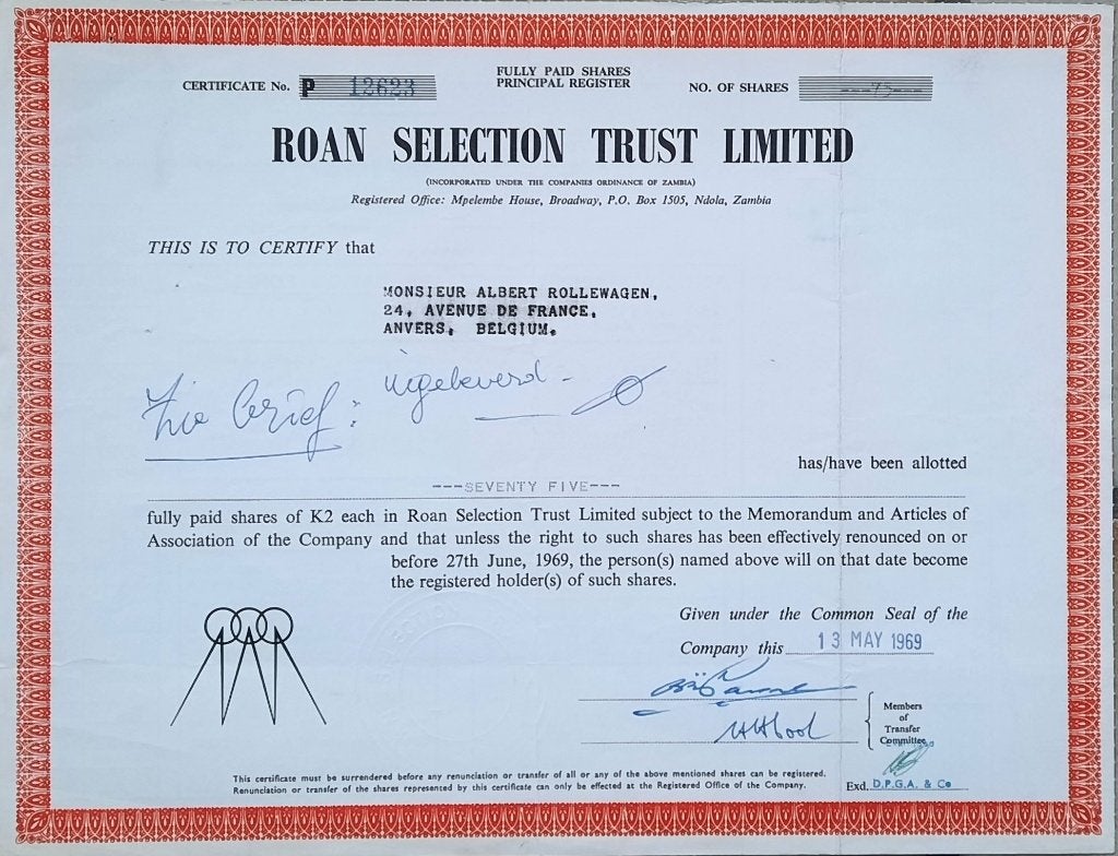 Roan Selection Trust Ltd - 1969, Timbres & Monnaies, Enlèvement ou Envoi, Certificat d'action