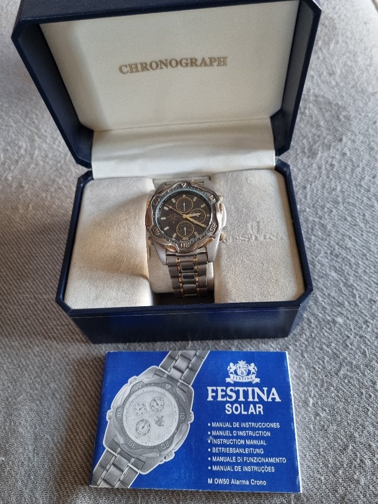 Festina Solar Alarm Chrono, Handtassen en Accessoires, Horloges | Heren, Staal, Staal, Polshorloge, Zo goed als nieuw
