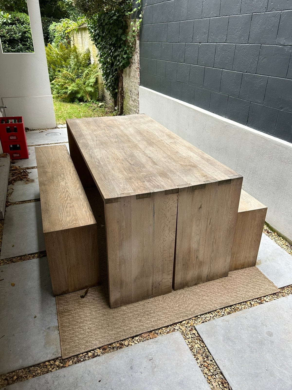 Table et bancs de jardin en chêne massif, Jardin & Terrasse, Enlèvement, Utilisé