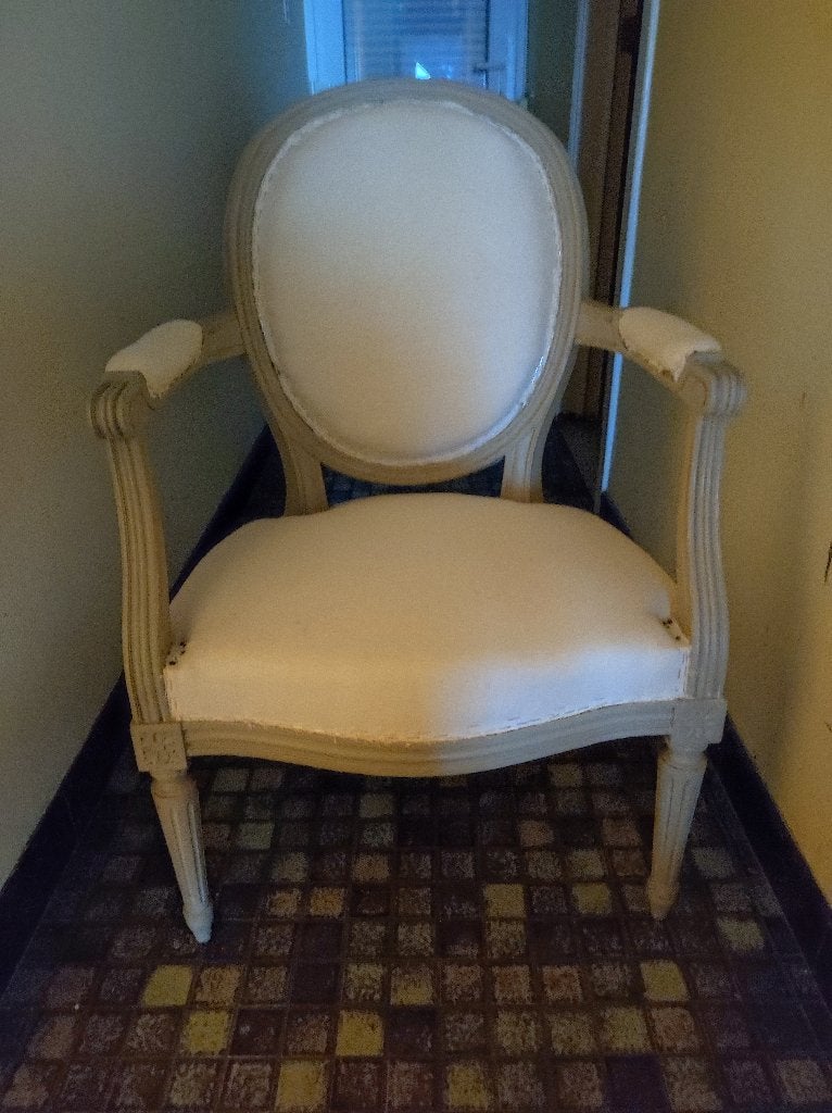 Fauteuil Louis XVI en blanc., Ophalen, Gebruikt, Hout, Louis XVI