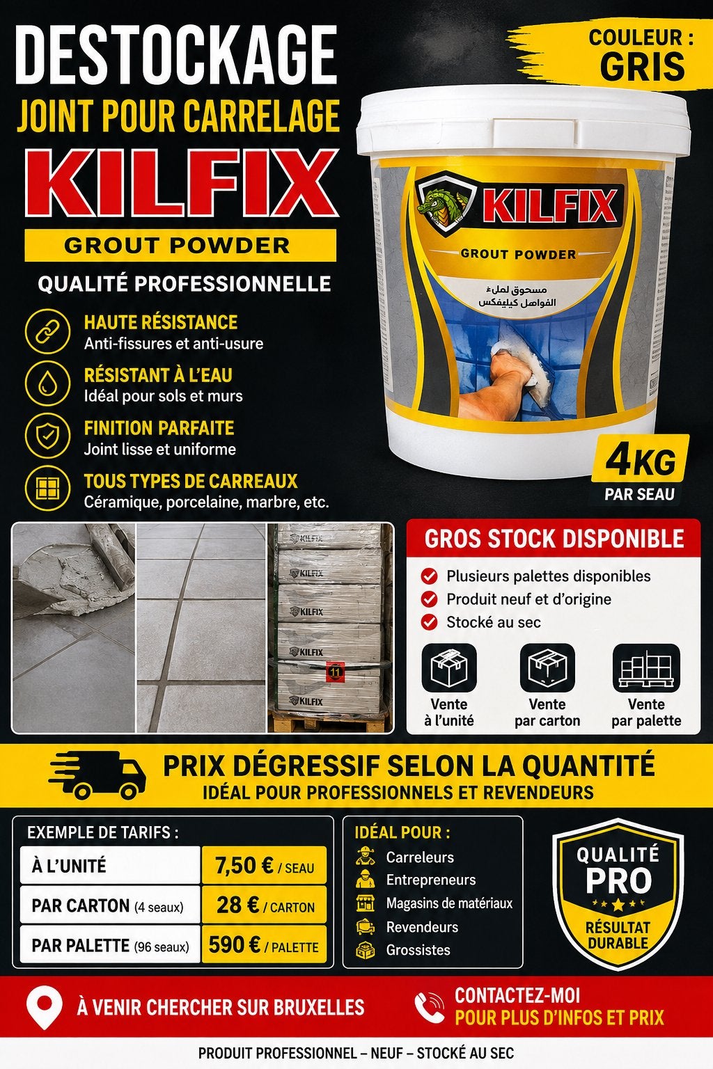 Déstockage KILFIX Joint pour carrelage 4 kg gris Gros stock, Enlèvement, Neuf