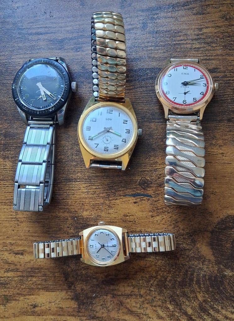Set van 4 vintage mechanische horloges LOV, EMA, NET, Coron, Handtassen en Accessoires, Horloges | Heren, Gebruikt, Overige materialen