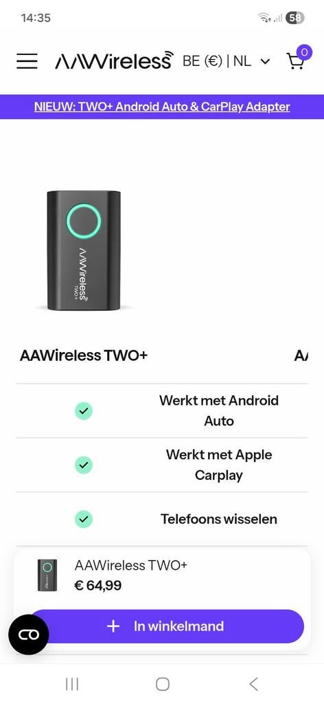Aawireless two+ adapter Carplay/Android auto, Autos : Divers, Navigation de voiture, Enlèvement