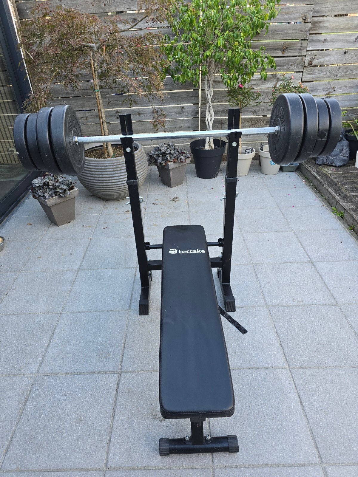 Bench press bankje met bar en gewichten., Sport en Fitness, Ophalen, Gebruikt, Borst, Fitnessbank