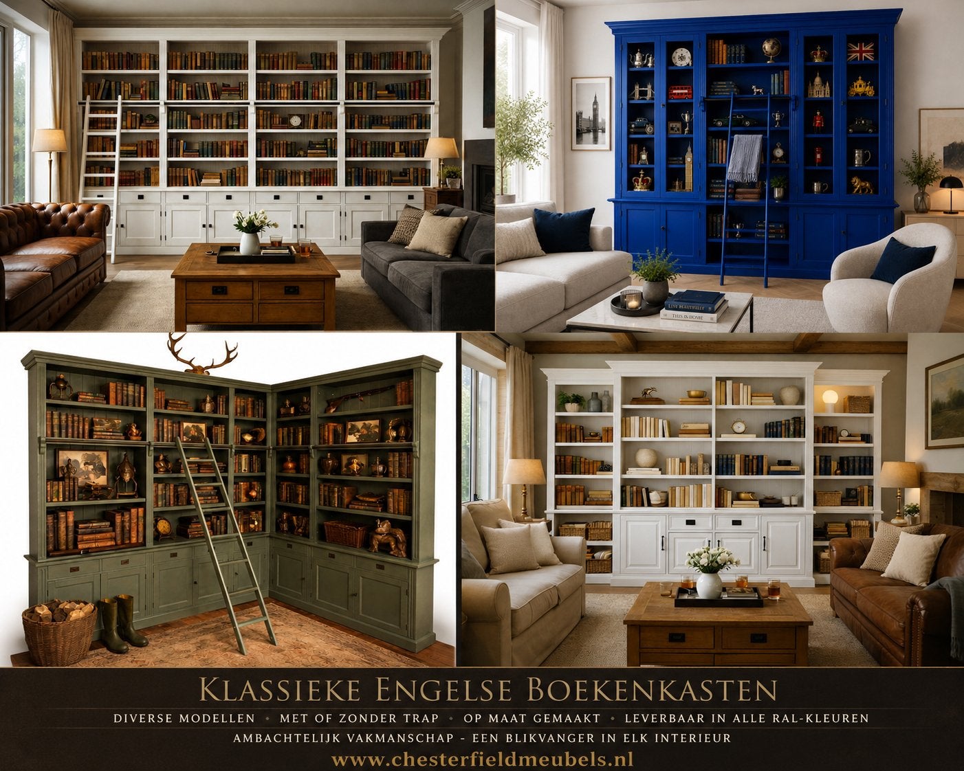 Klassieke Engelse Boekenkasten & Bibliotheekkast RAL-kleuren, Huis en Inrichting, Ophalen of Verzenden, Nieuw