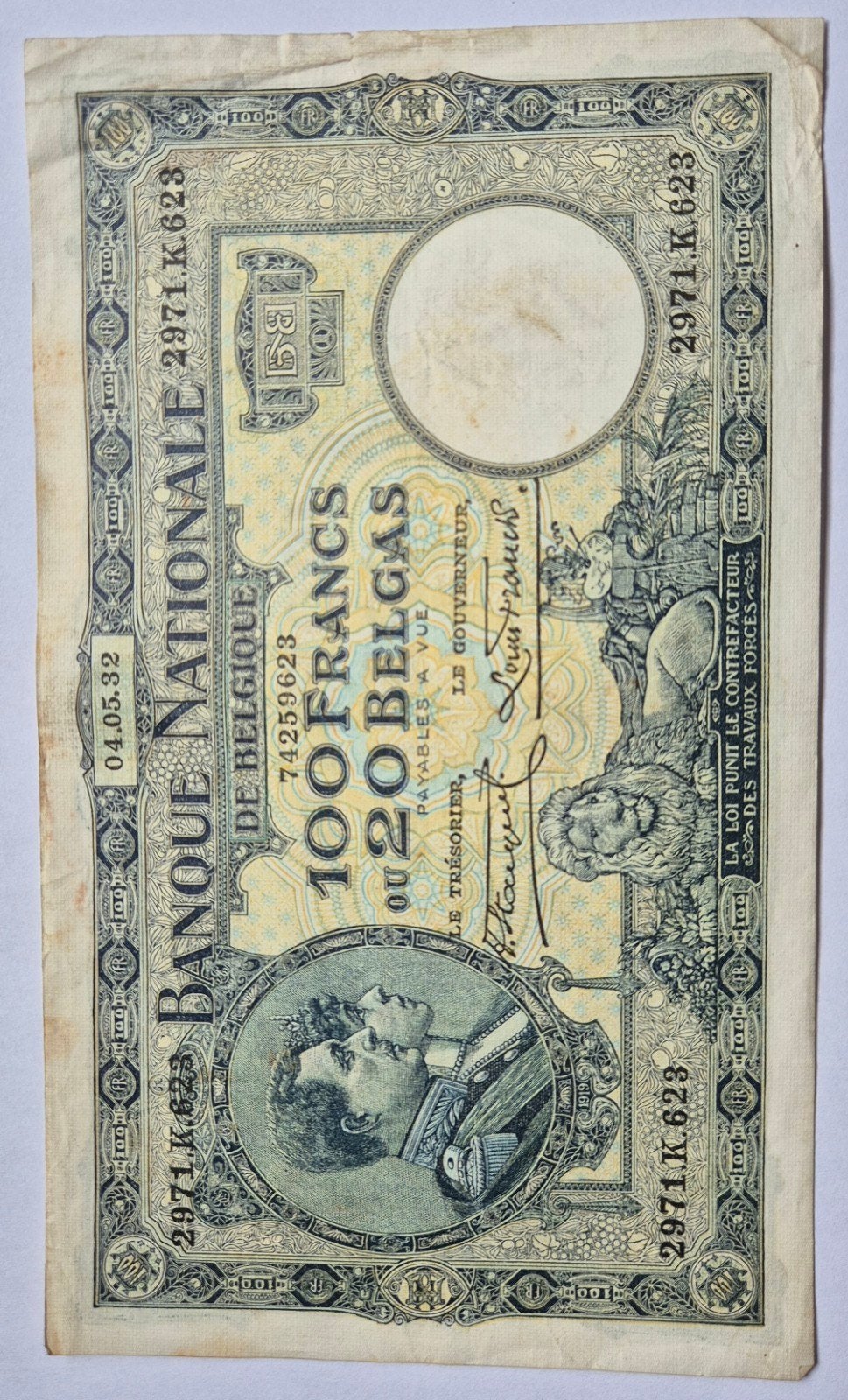Billet 100 francs 04.05.32 Belgique, Timbres & Monnaies, Billets de banque | Belgique, Envoi, Billets en vrac