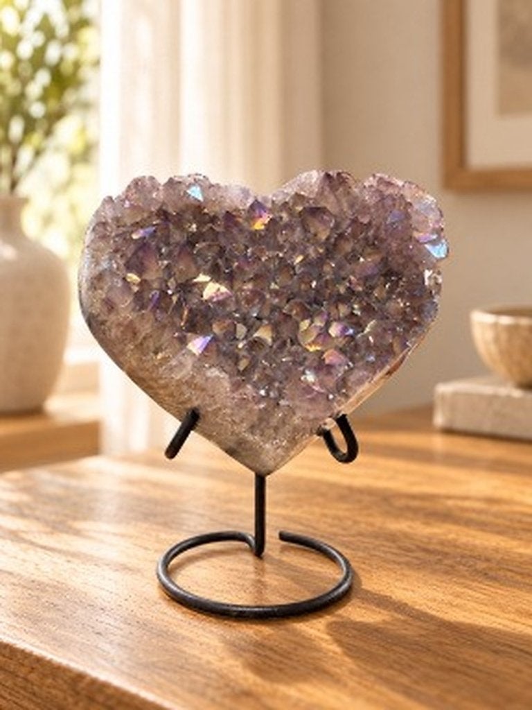 Coeur Aura en améthyste sur socle en métal - env. 10 cm, Enlèvement ou Envoi, Minéral