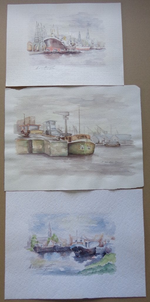 MARCEL VAN DEN BEMPT / 3 STUKS / ANTWERPEN ORIGINEEL 30x40cm, Antiquités & Art, Enlèvement ou Envoi, Aquarelle, Signé, Papier