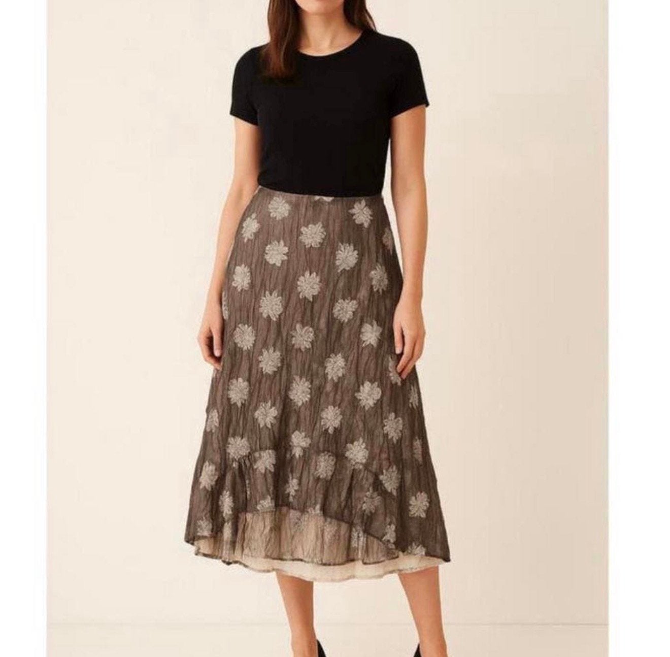 Phase Eight Jupe jupe longue plissée L + motif fleuri, Taille 42/44 (L), Enlèvement ou Envoi, Beige, Comme neuf