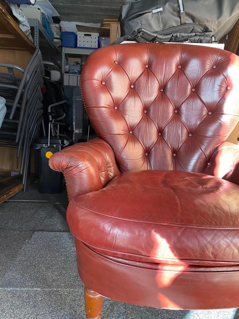 Antieke zetel type chesterfield, Huis en Inrichting, Fauteuils, Ophalen, Gebruikt, Leer, Bordeaux antieke zetel