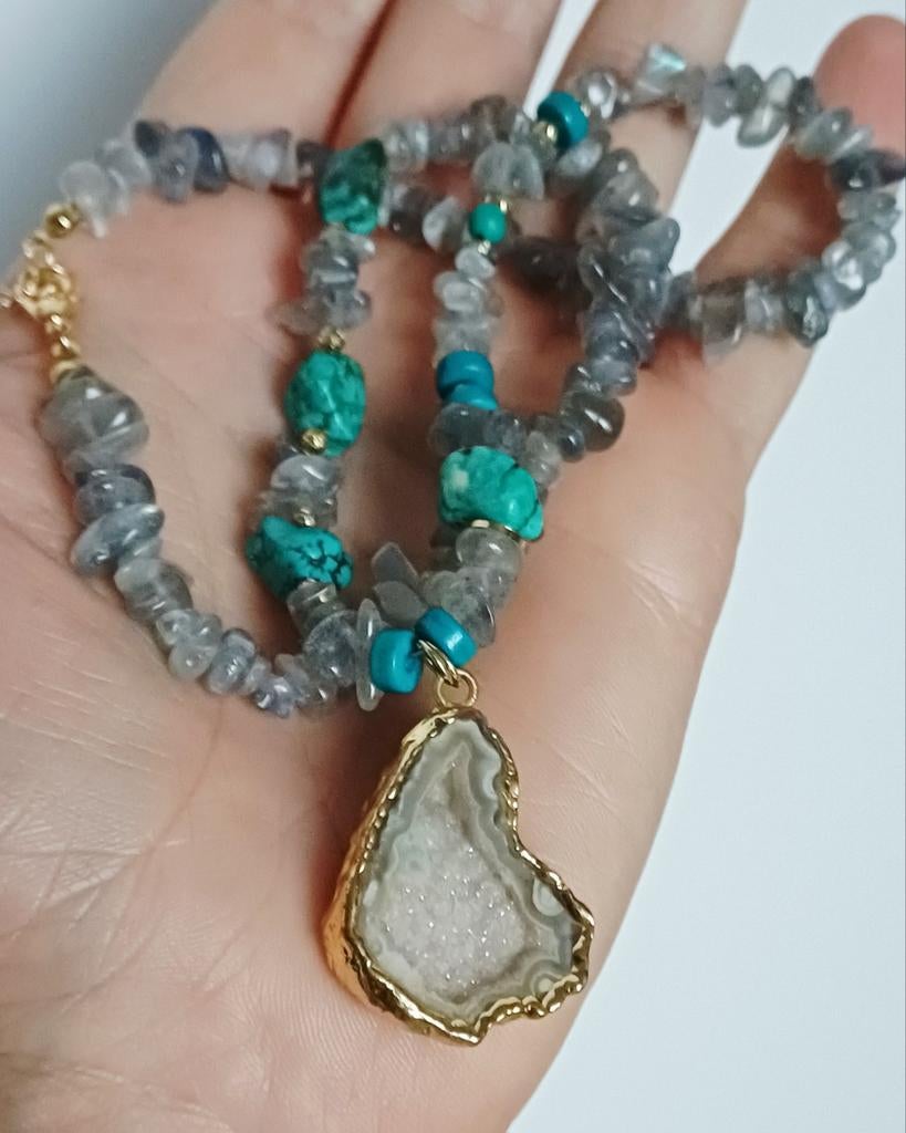 Halsnoer met maansteen, turquoise en geode, Ophalen of Verzenden, Met kristal