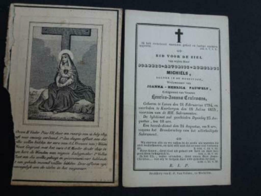 doodsprentje Michiels Joannes Antonius Rumoldus ° 1794, Verzenden, Rouwkaart