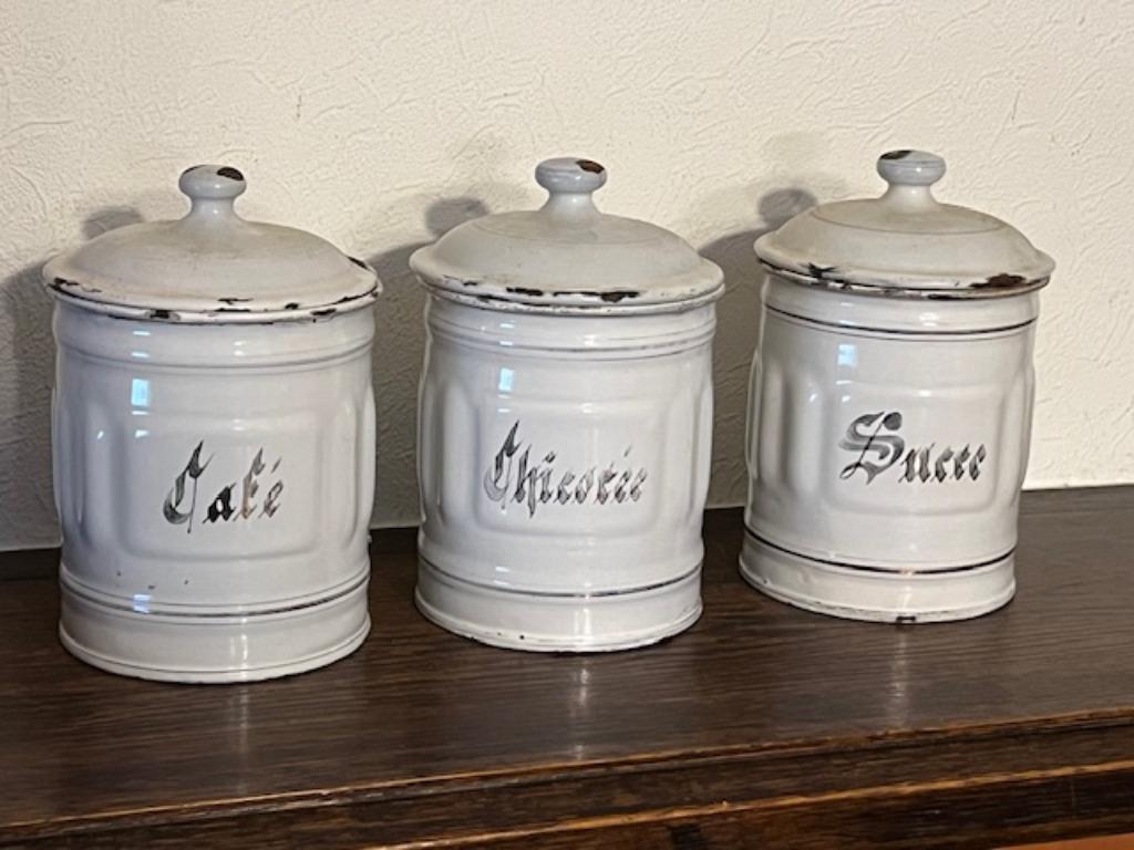 Set van 3 Franse blikken voorraadpotten wit geëmailleerd, Antiek en Kunst, Ophalen