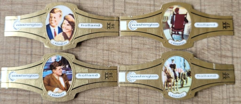 4 oude sigarenbandjes: president J. Kennedy, Enlèvement ou Envoi, Utilisé, Bagues de cigare