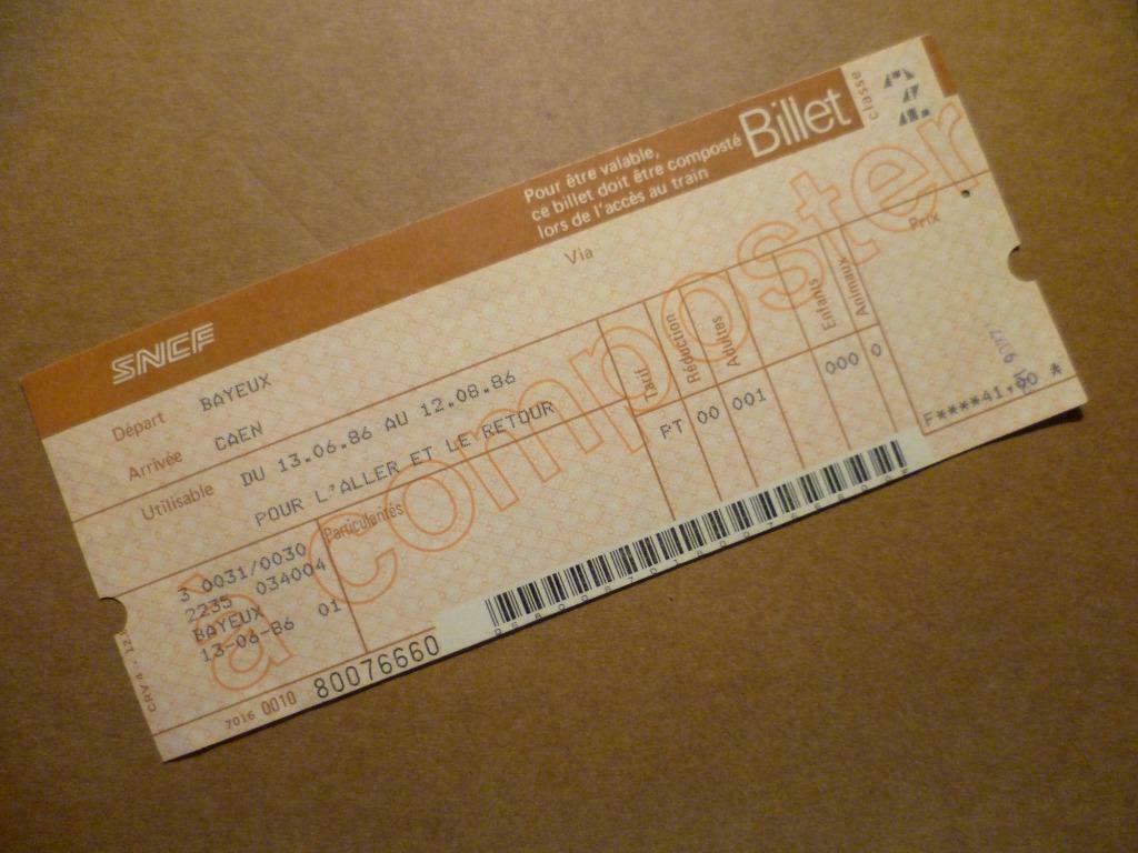 SNCF, treinticket, 1986, biljet, Bayeux - Caen, treinkaartje, Verzenden, Zo goed als nieuw, Trein, Kaart of Prent