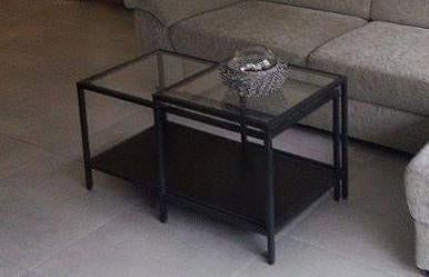 Salontafelset 2 stuks, zwart metaal en klaar glas, Ophalen of Verzenden, Glas
