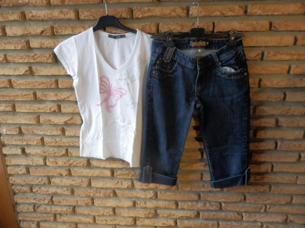 (9)- jeans ¾ femme t.38 bleu - onado + tee shirt, Kleding | Dames, Onado, Blauw, Ophalen of Verzenden, Zo goed als nieuw