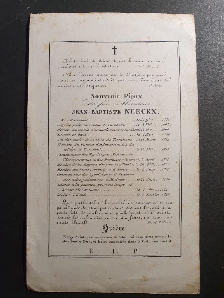 Doodsprentje Jean Neeckx Herenthout Rechter Turnhout Gent, Verzamelen, Bidprentjes en Rouwkaarten, Ophalen of Verzenden, Rouwkaart