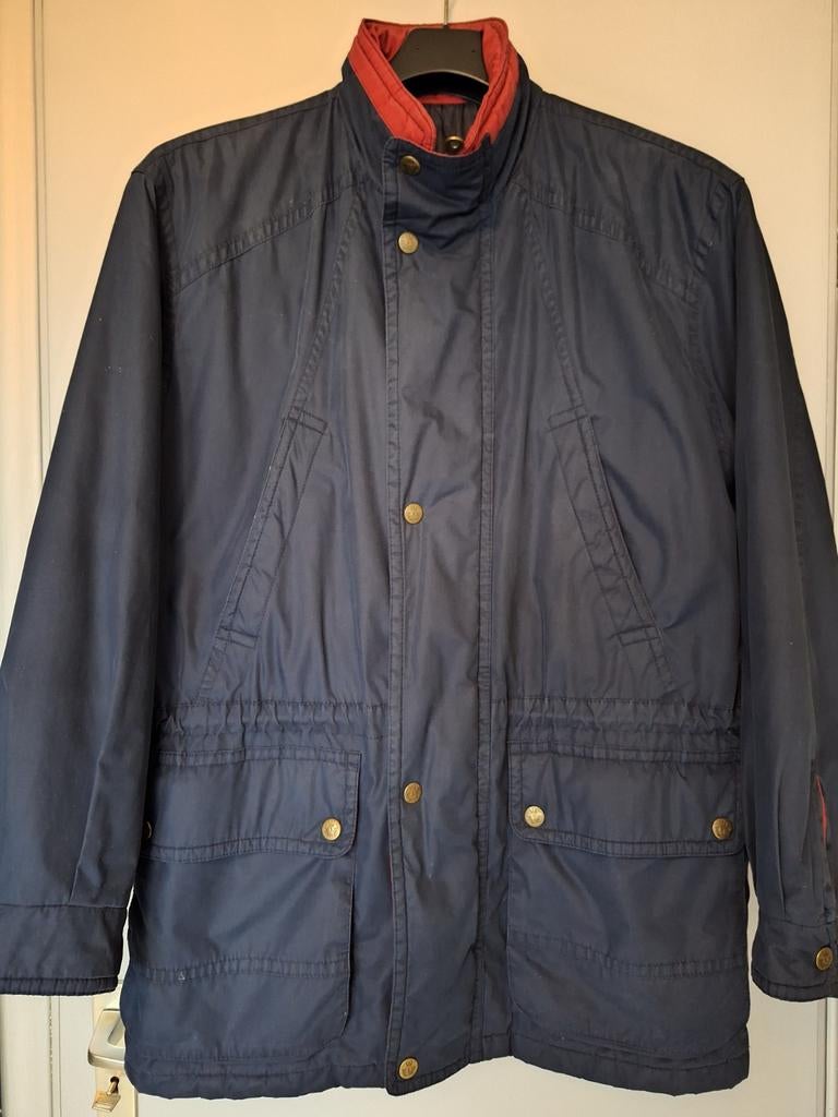 Marks & Spencer donkerblauwe parka met rode gewatteerde bies, Kleding | Heren, Jassen | Winter, Zo goed als nieuw, Maat 48/50 (M)