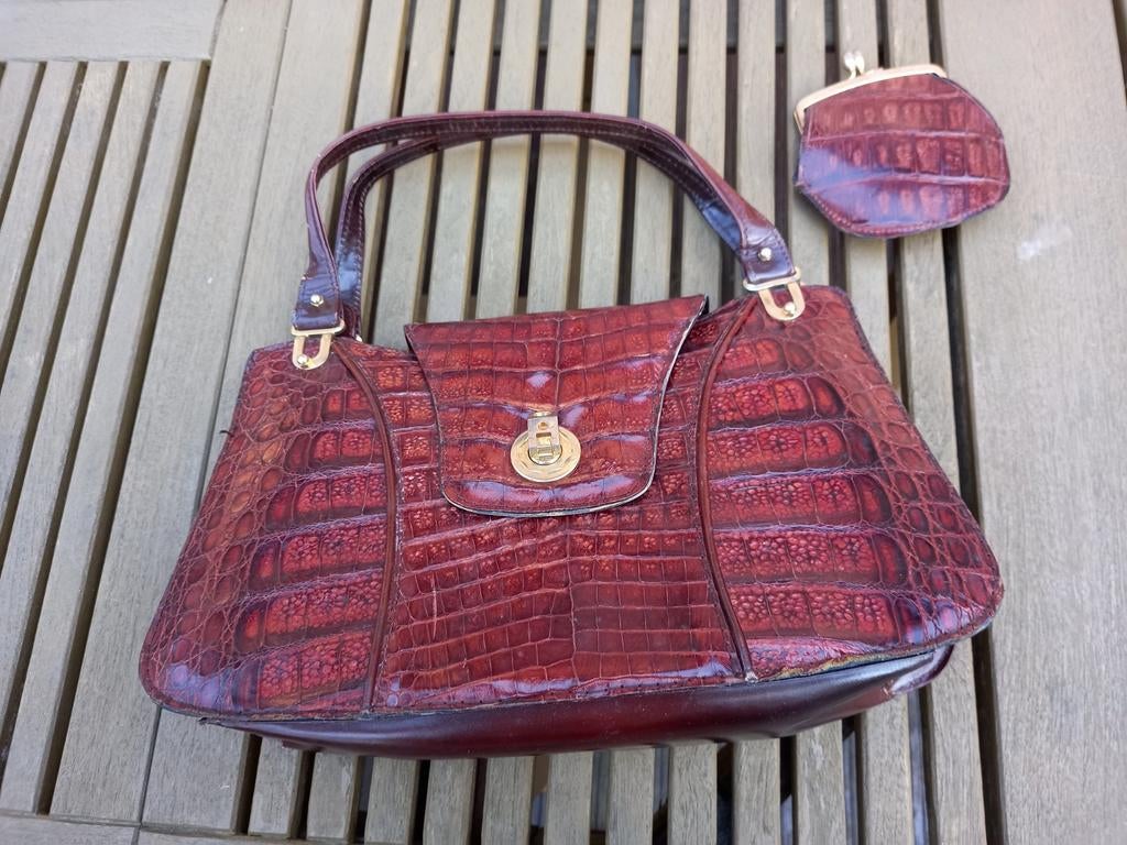 Vintage croco handtas en portemonnee, Ophalen of Verzenden, Gebruikt, Bruin, Handtas