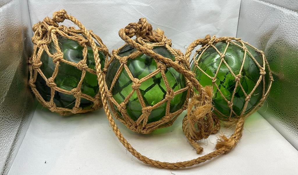 x3 Vintage glazen boei in groen, 13cm, Ophalen of Verzenden, Gebruikt